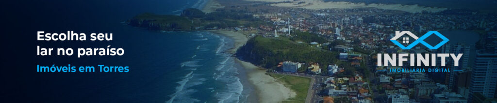 Bairro próximo a uma praia em Torres, Rio Grande do Sul, com o texto à esquerda "Escolha seu lar no paraíso: Imóveis em Torres"