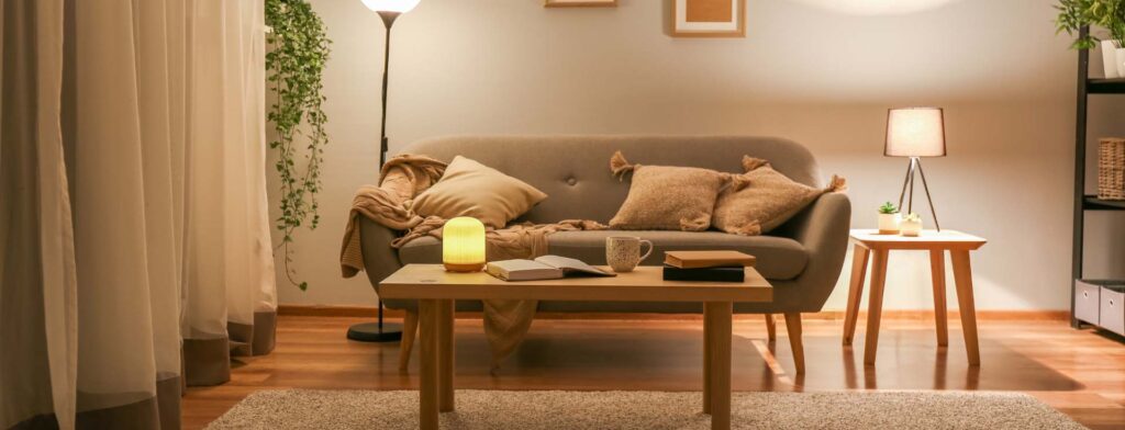 Sala de estar, com sofá, estante e mesa de centro.