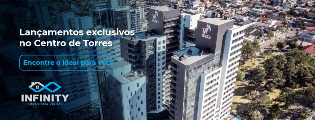Lançamento em Torres, o texto à esquerda diz "Lançamentos exclusivos no Centro de Torres: Encontre o ideal para você"